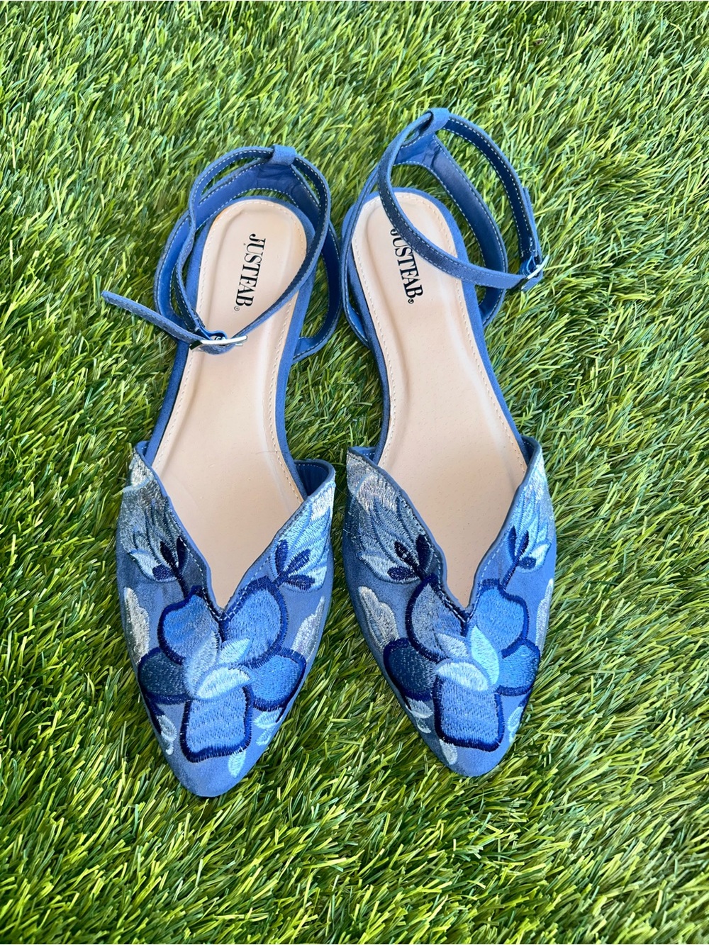 JustFab Blue Floral Embroidered Pointed-Toe Ankle-Strap Flats